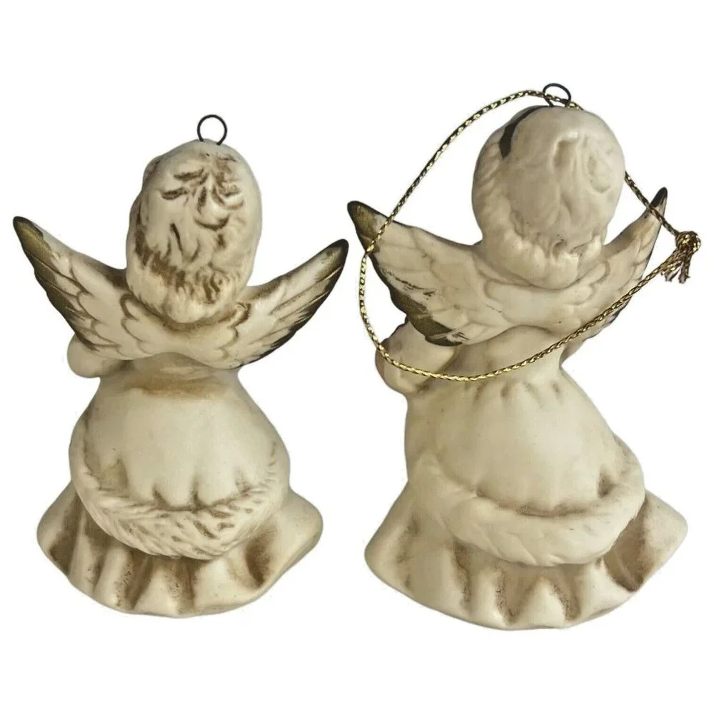 6 Homco Angel Tree Ornaments Complete Set Bisque Porcelain Made in‎ Taiwan VTG